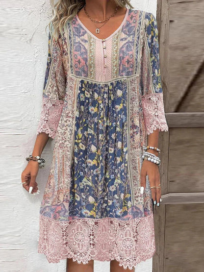 Women's Bohemian Floral Lace-Trim Three-Quarter Sleeve Tunic Dress - Side Angle | Lavisa