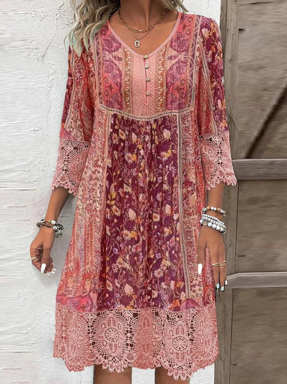 Women's Bohemian Floral Lace-Trim Three-Quarter Sleeve Tunic Dress - Back View | Lavisa