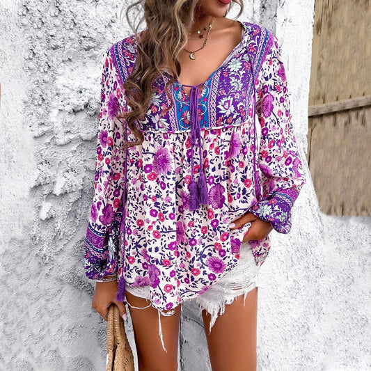 Lavisa - Women's Boho Floral Long-Sleeve V-Neck Tassel Tunic Top