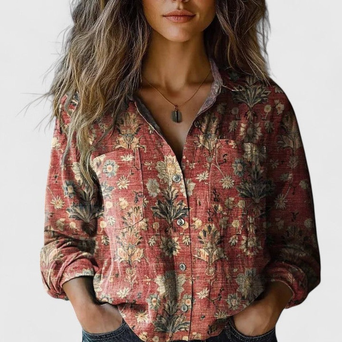 Lavisa - Women's Boho Floral Print Long Sleeve Button-Up Blouse