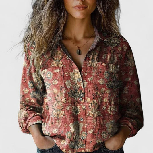 Lavisa - Women's Boho Floral Print Long Sleeve Button-Up Blouse
