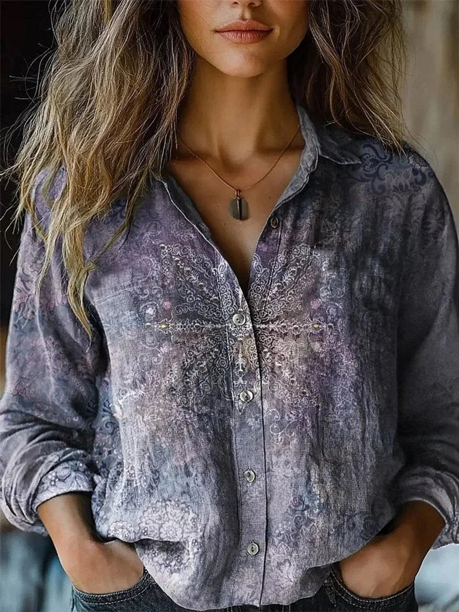 Lavisa - Women's Boho Floral Print Long Sleeve Button-Up Blouse