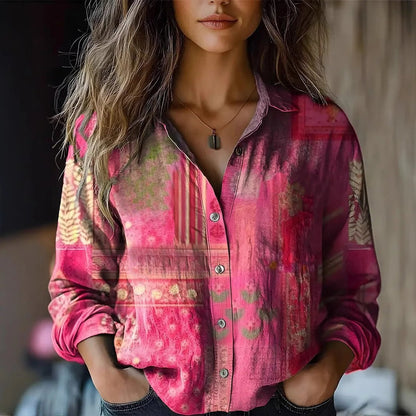 Lavisa - Women's Boho Floral Print Long Sleeve Button-Up Blouse