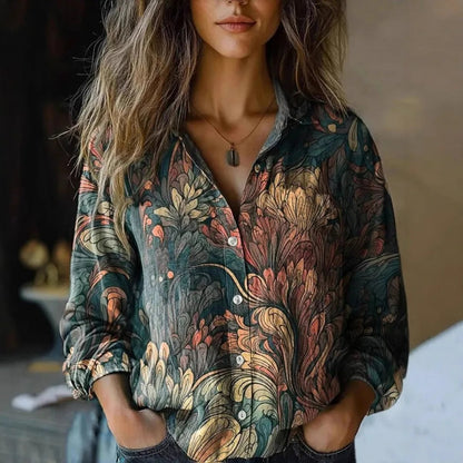 Lavisa - Women's Boho Floral Print Long Sleeve Button-Up Blouse