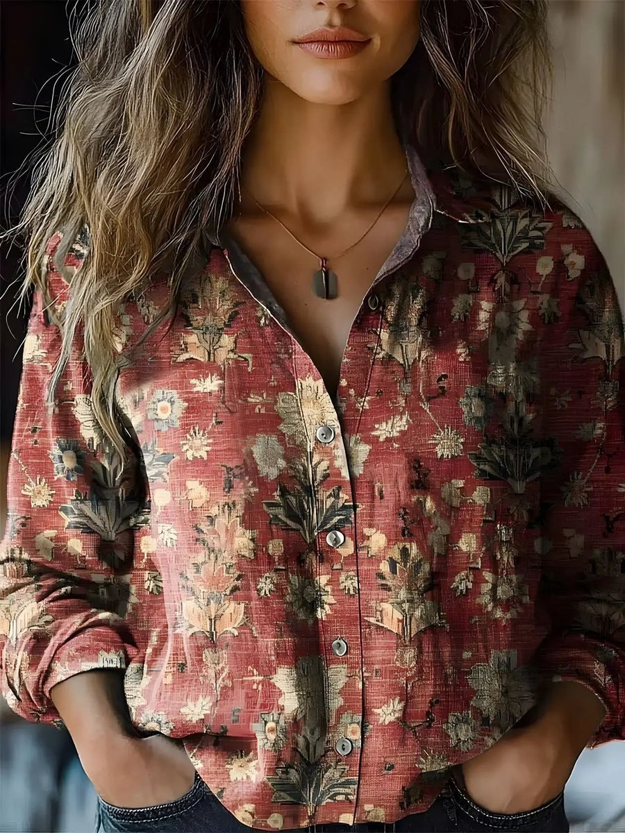 Lavisa - Women's Boho Floral Print Long Sleeve Button-Up Blouse