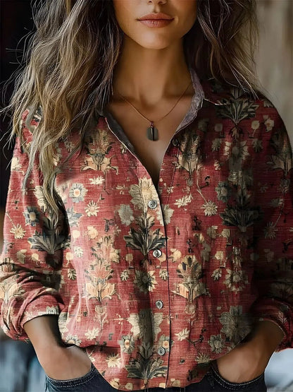 Lavisa - Women's Boho Floral Print Long Sleeve Button-Up Blouse