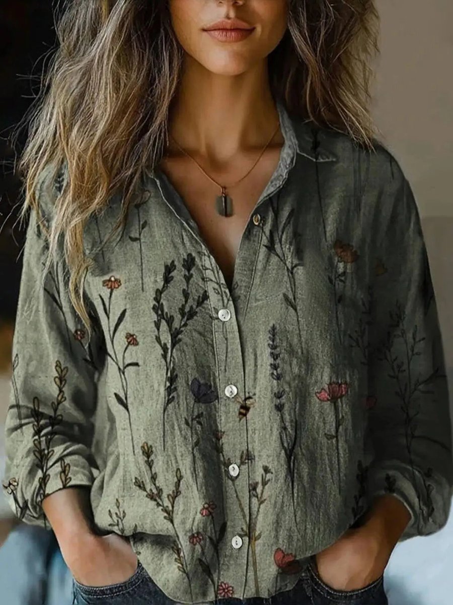 Lavisa - Women's Boho Floral Print Long Sleeve Button-Up Blouse