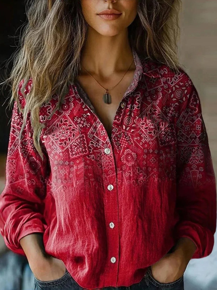 Lavisa - Women's Boho Floral Print Long Sleeve Button-Up Blouse