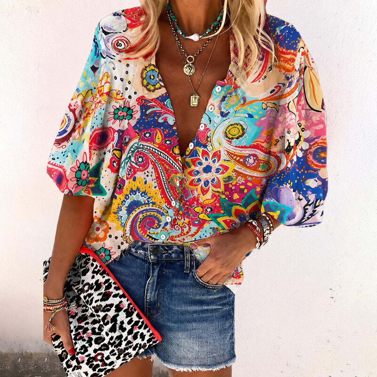 Women's Boho Floral V-Neck Long Sleeve Button-Down Blouse - Side Angle | Lavisa
