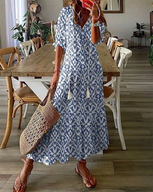 Lavisa - Boho Ikat Print Tassel Midi Dress