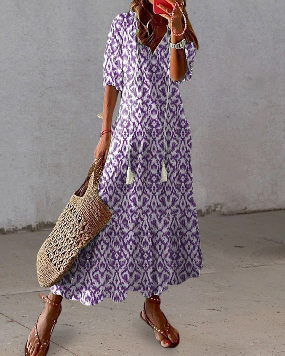 Boho Ikat Print Tassel Midi Dress - Back View | Lavisa