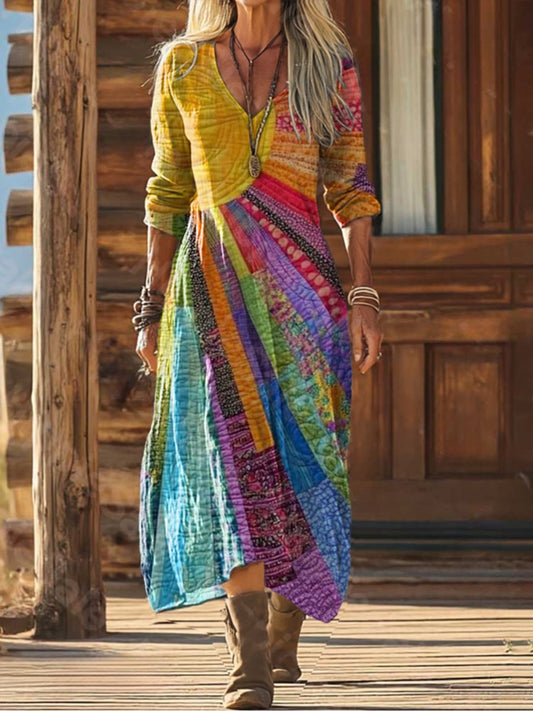 Lavisa - Boho Patchwork V-Neck Midi Dress