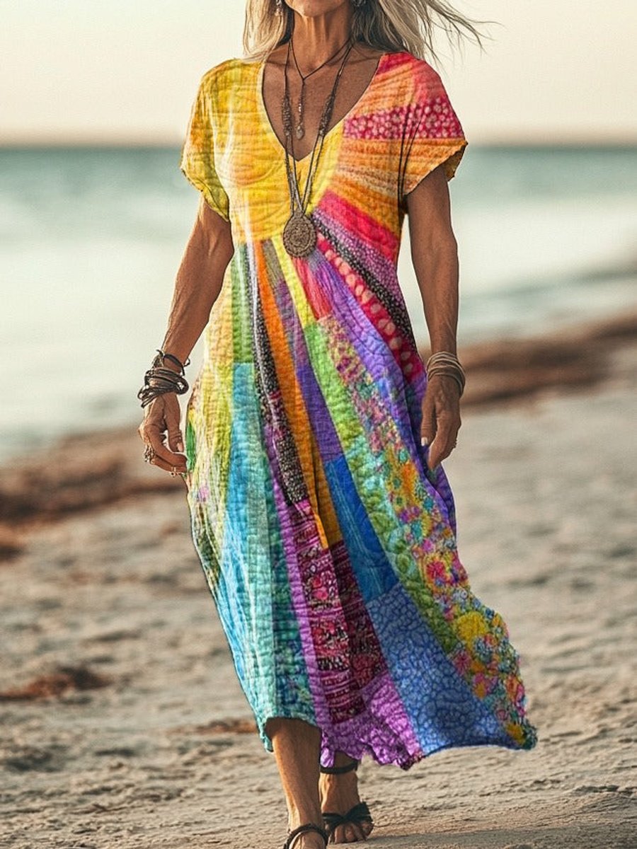 Boho Patchwork V-Neck Midi Dress - Side Angle | Lavisa