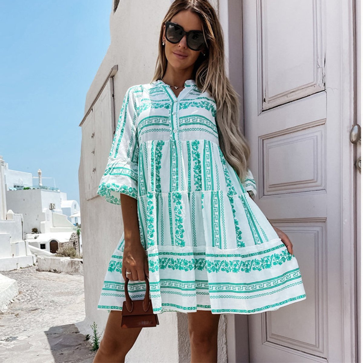 Women's Boho Printed Tiered Tunic Mini Dress - Front View | Lavisa