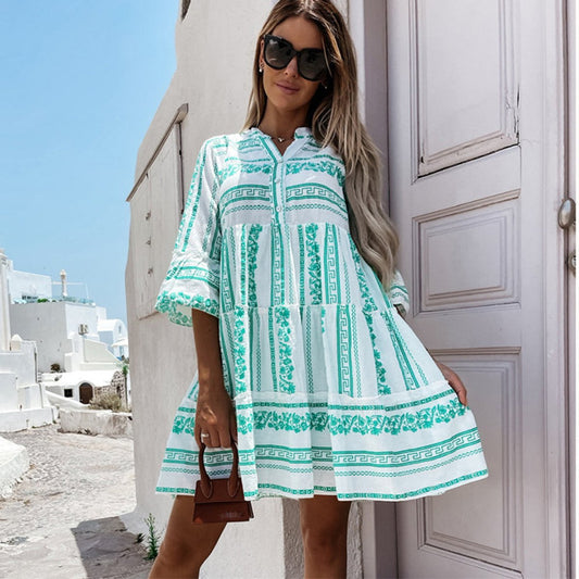 Lavisa - Women's Boho Printed Tiered Tunic Mini Dress