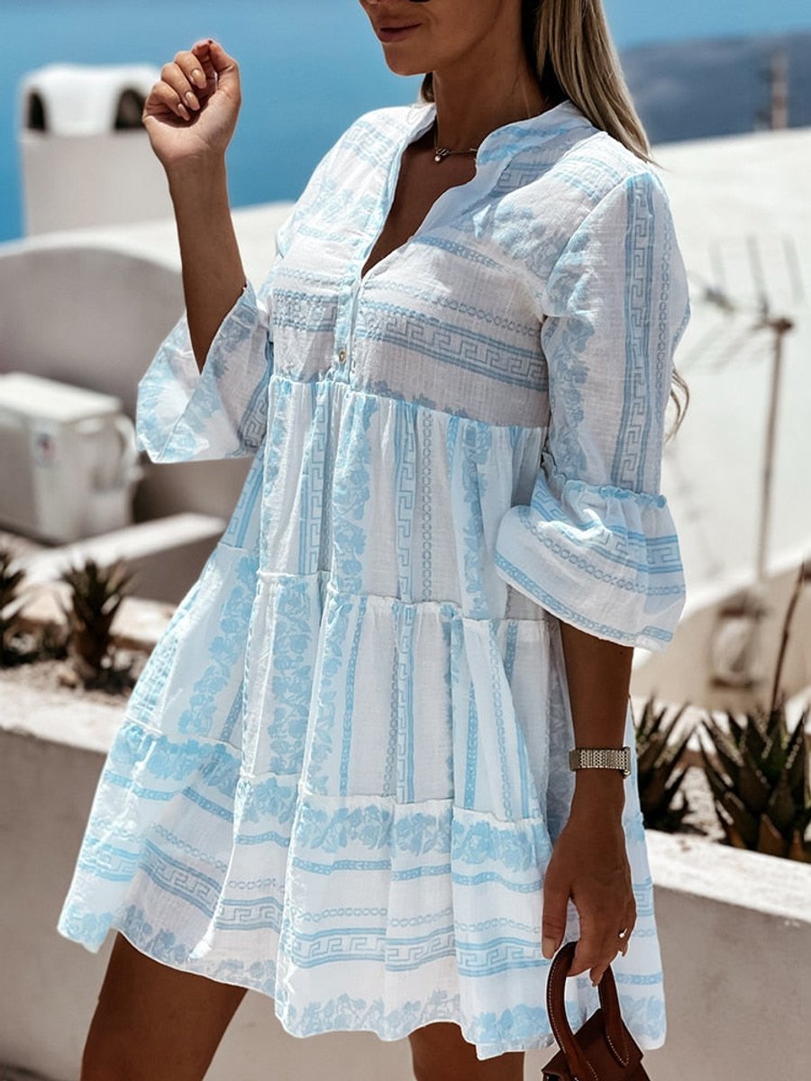 Women's Boho Printed Tiered Tunic Mini Dress - Sole & Material View | Lavisa