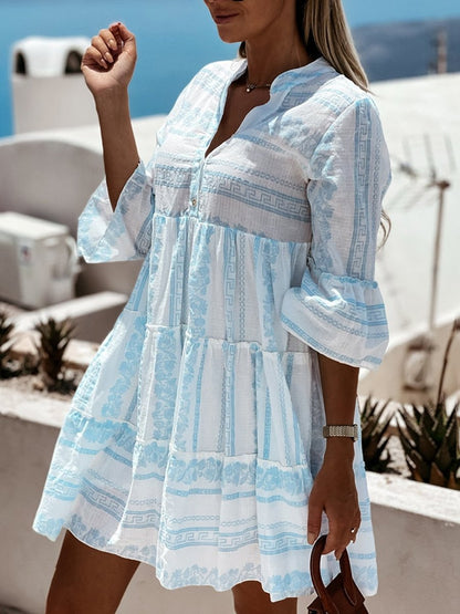Women's Boho Printed Tiered Tunic Mini Dress - Sole & Material View | Lavisa