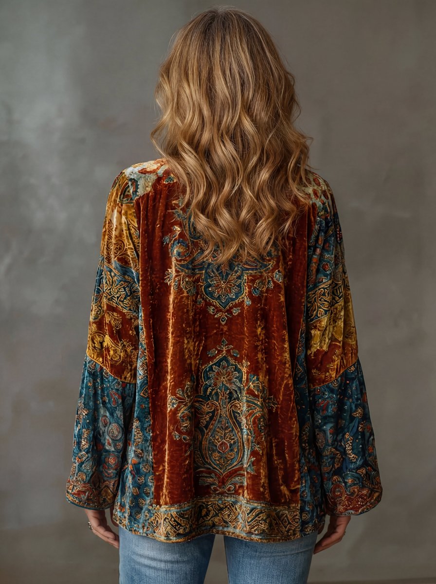 Women's Boho Vintage Loose-Fit Quilted Jacket Kimono Cardigan - Front View | Lavisa