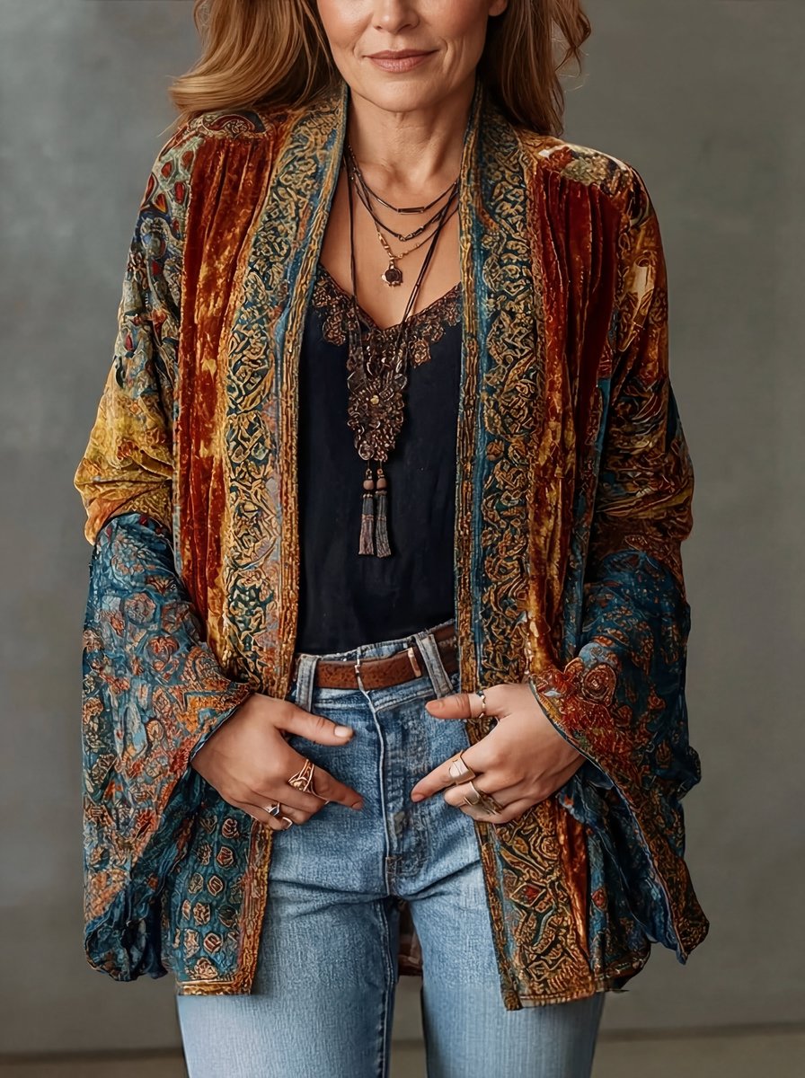 Women's Boho Vintage Loose-Fit Quilted Jacket Kimono Cardigan - Back View | Lavisa