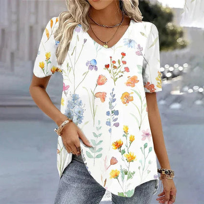 Women's Botanical Floral V-Neck Short Sleeve Top - Front View | Lavisa