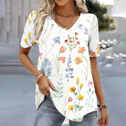 Lavisa - Women's Botanical Floral V-Neck Short Sleeve Top