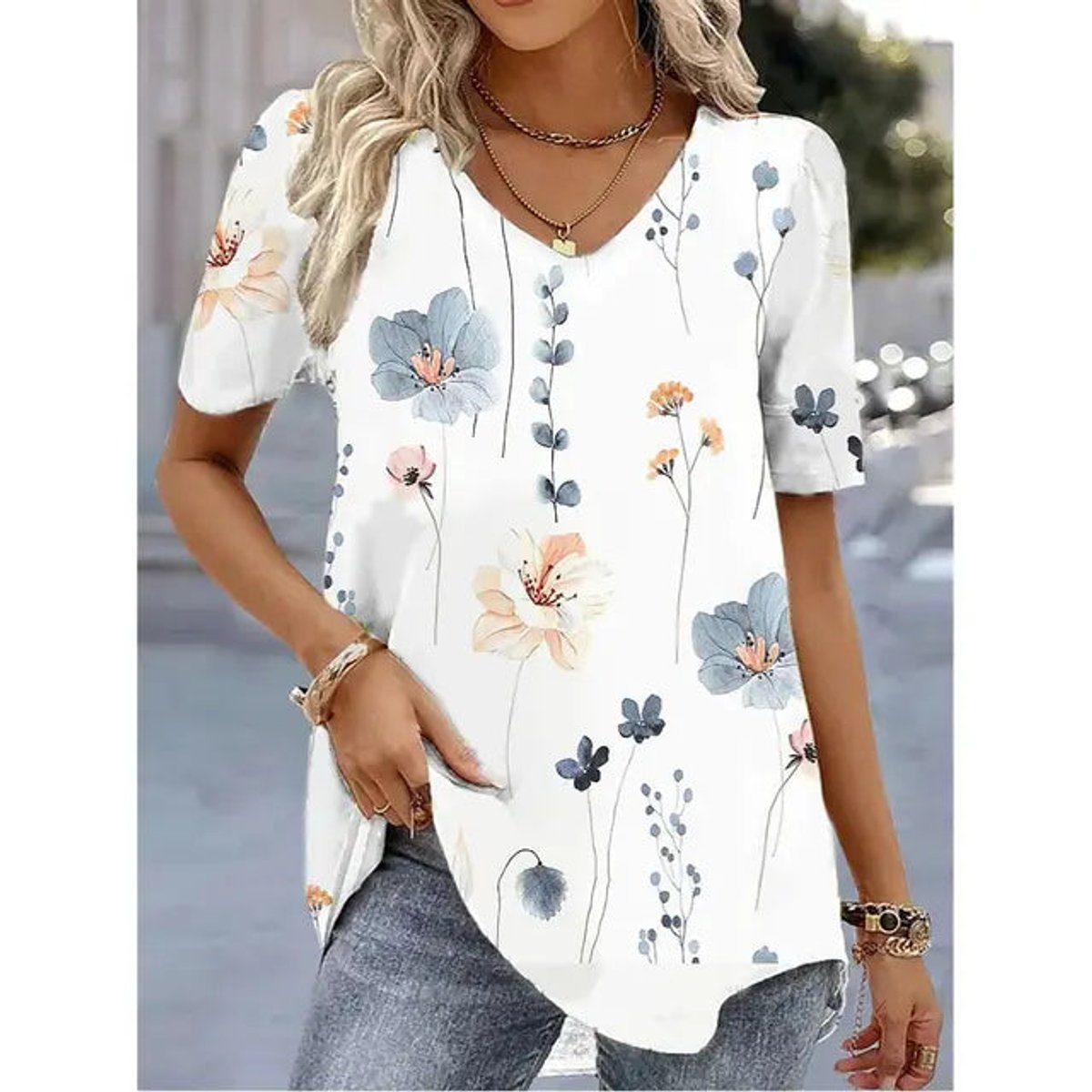 Women's Botanical Floral V-Neck Short Sleeve Top - Side Angle | Lavisa