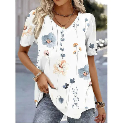 Women's Botanical Floral V-Neck Short Sleeve Top - Side Angle | Lavisa