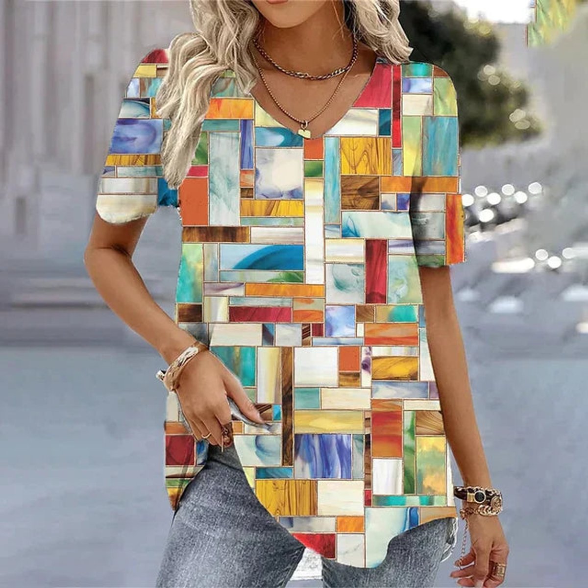 Women's Botanical Floral V-Neck Short Sleeve Top - Close-Up Texture & Detail | Lavisa