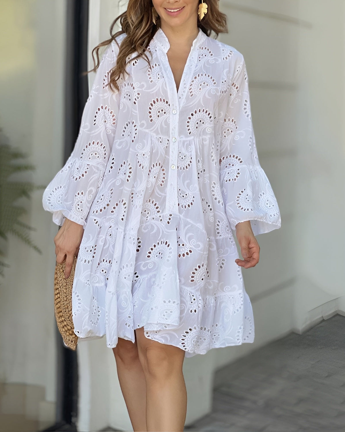 Women's Broderie Anglaise Flowy Tiered Mini Shirt Dress - Front View | Lavisa
