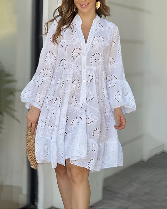 Lavisa - Women's Broderie Anglaise Flowy Tiered Mini Shirt Dress