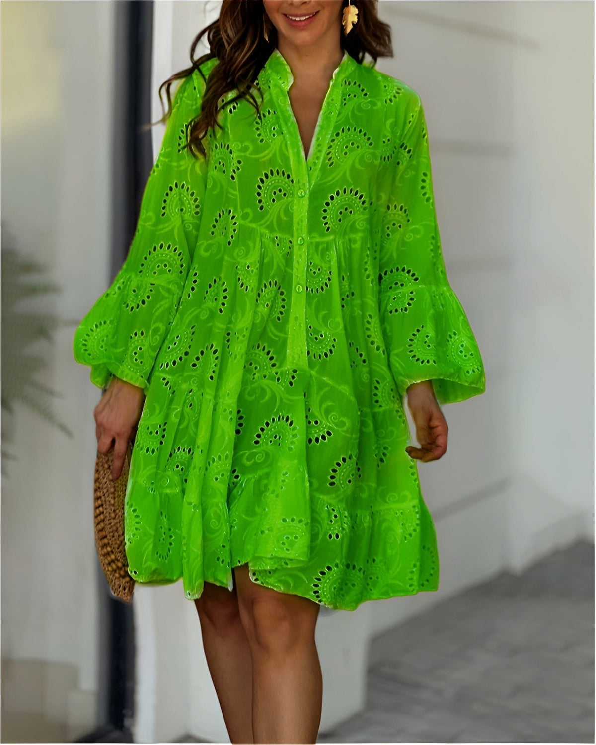 Women's Broderie Anglaise Flowy Tiered Mini Shirt Dress - Close-Up Texture & Detail | Lavisa