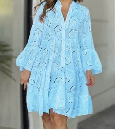 Women's Broderie Anglaise Flowy Tiered Mini Shirt Dress - Sole & Material View | Lavisa