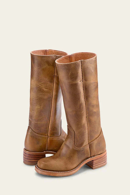 Lavisa - Women's Brown Leather Knee-High Block Heel Boots