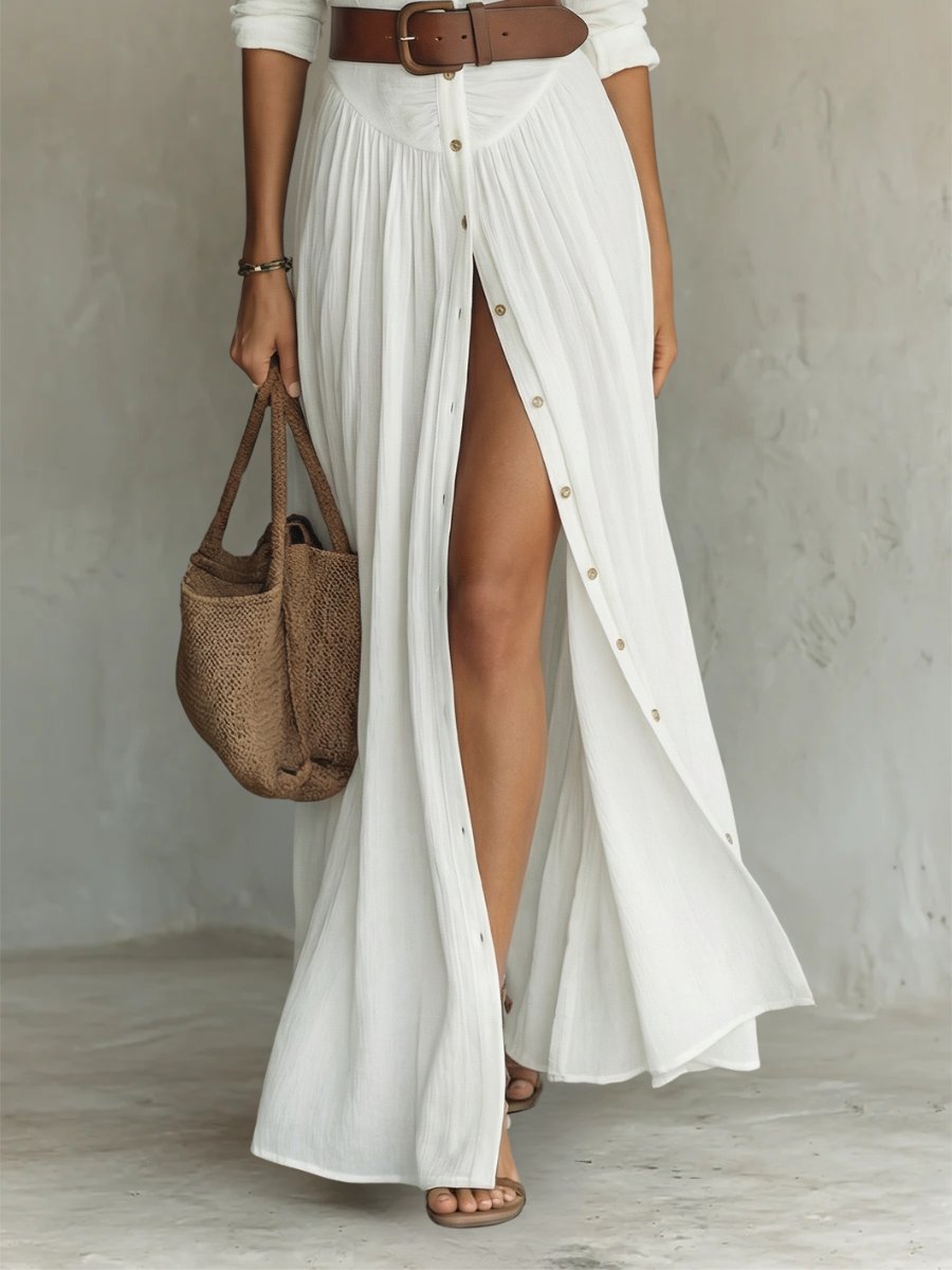Women's Button-Front Belted Maxi Shirt Dress - Side Angle | Lavisa