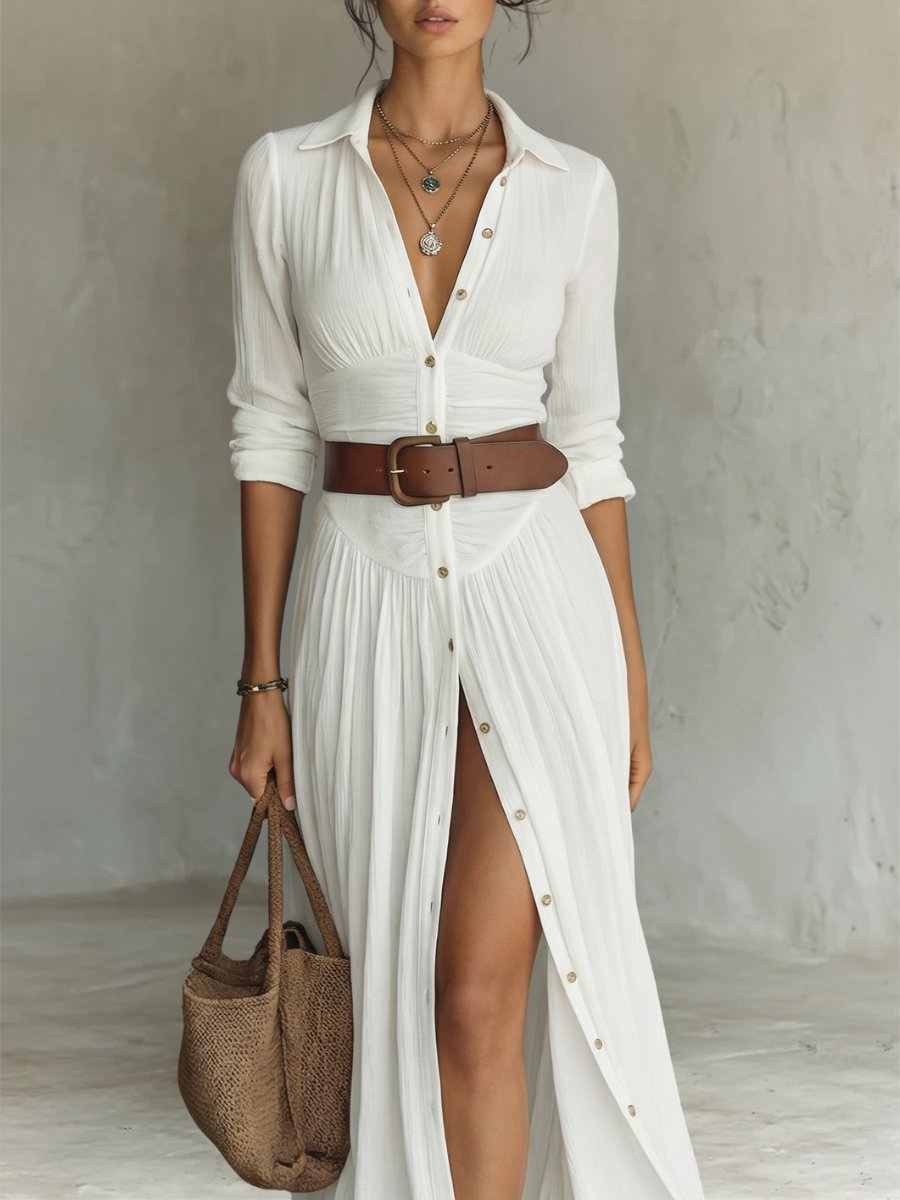 Women's Button-Front Belted Maxi Shirt Dress - Back View | Lavisa