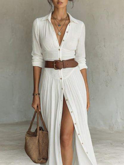 Women's Button-Front Belted Maxi Shirt Dress - Back View | Lavisa