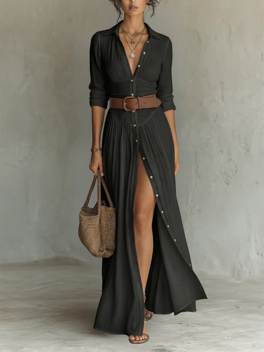 Women's Button-Front Belted Maxi Shirt Dress - Close-Up Texture & Detail | Lavisa