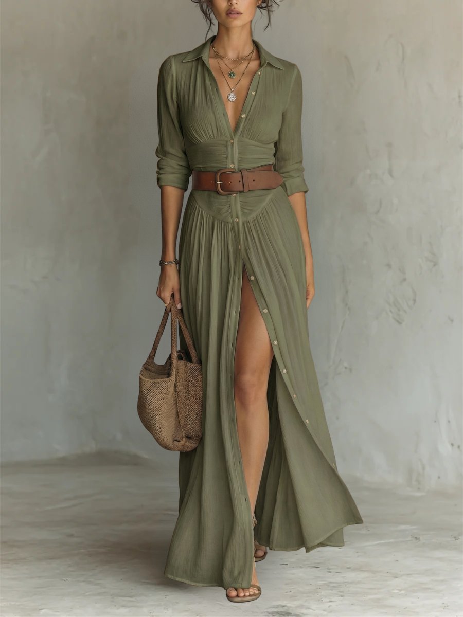 Women's Button-Front Belted Maxi Shirt Dress - Sole & Material View | Lavisa