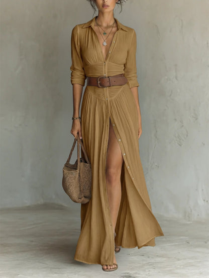 Women's Button-Front Belted Maxi Shirt Dress - Lifestyle & Model Angle | Lavisa