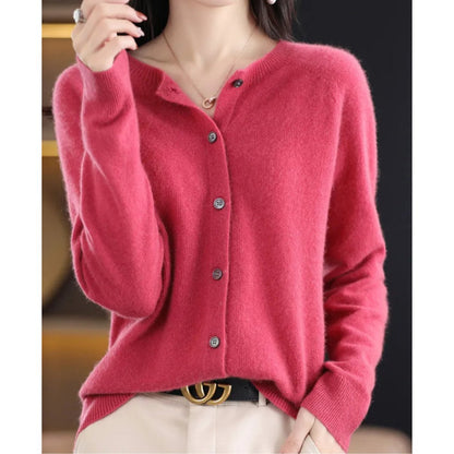 Women's Button-Up V-Neck Cashmere Knit Cardigan - Front View | Lavisa