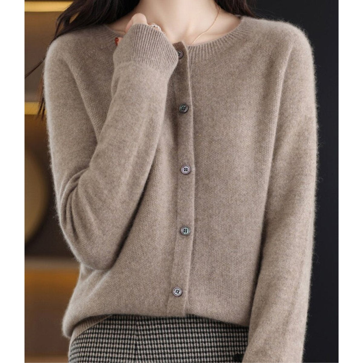Women's Button-Up V-Neck Cashmere Knit Cardigan - Side Angle | Lavisa