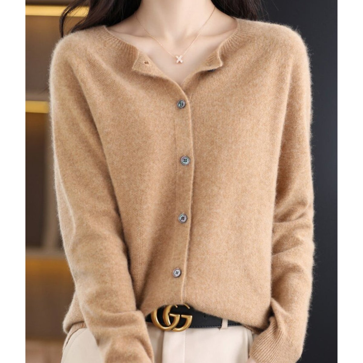 Women's Button-Up V-Neck Cashmere Knit Cardigan - Back View | Lavisa