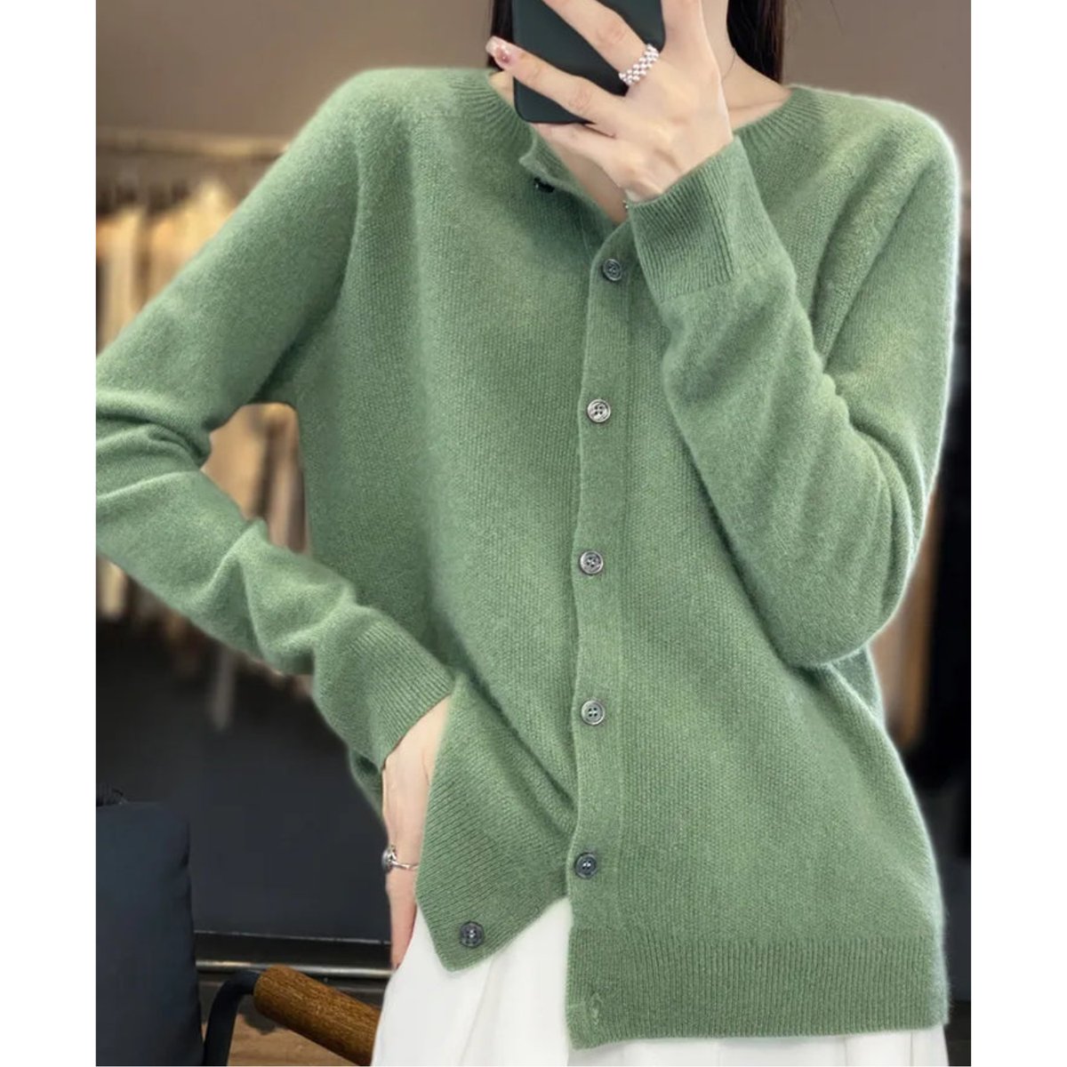Women's Button-Up V-Neck Cashmere Knit Cardigan - Sole & Material View | Lavisa