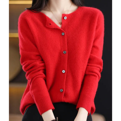 Women's Button-Up V-Neck Cashmere Knit Cardigan - Lifestyle & Model Angle | Lavisa