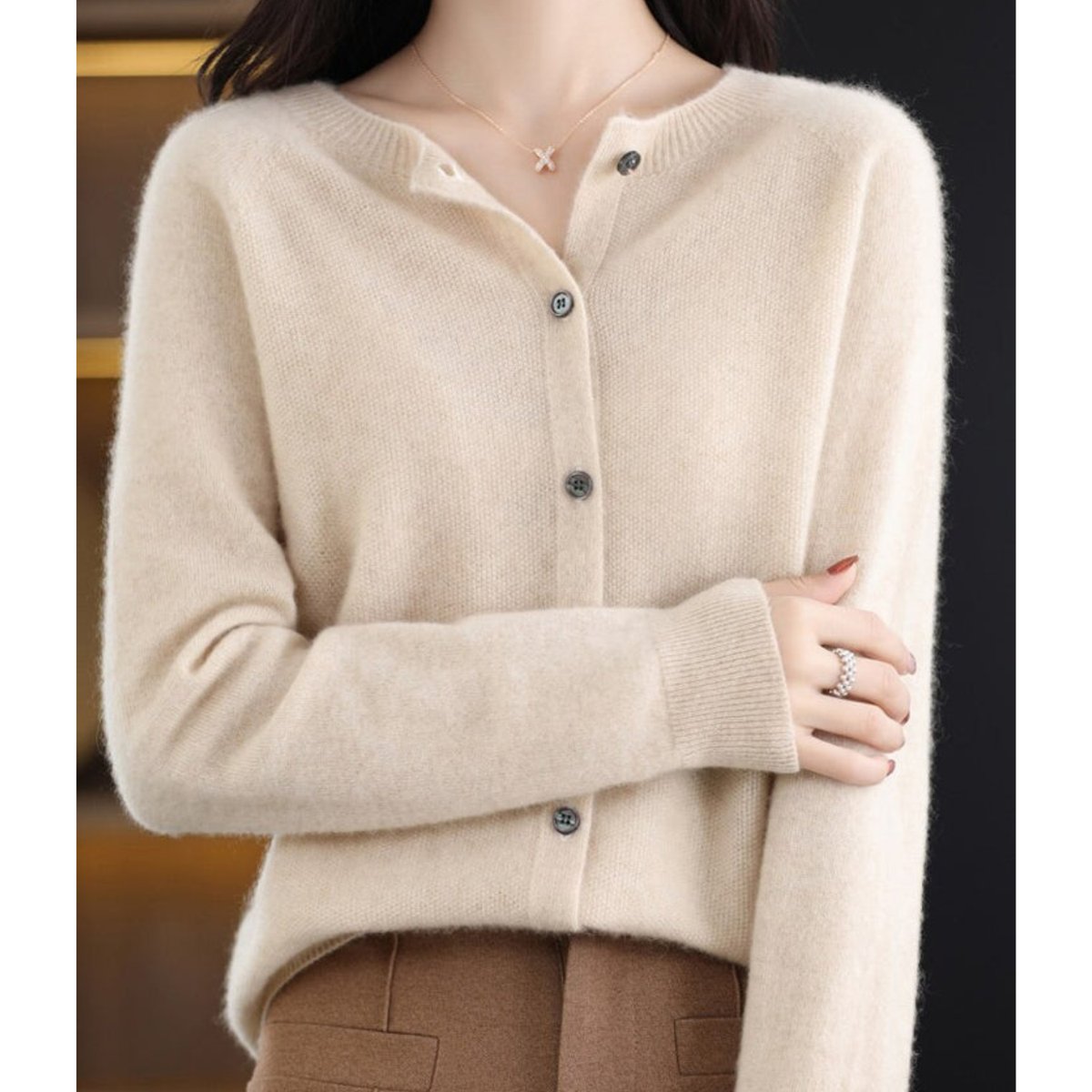 Women's Button-Up V-Neck Cashmere Knit Cardigan - Variant Angle | Lavisa