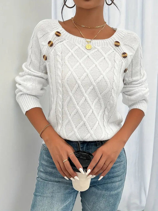 Lavisa - Women's Cable Knit Sweater Round Neck Button Detail Jumper