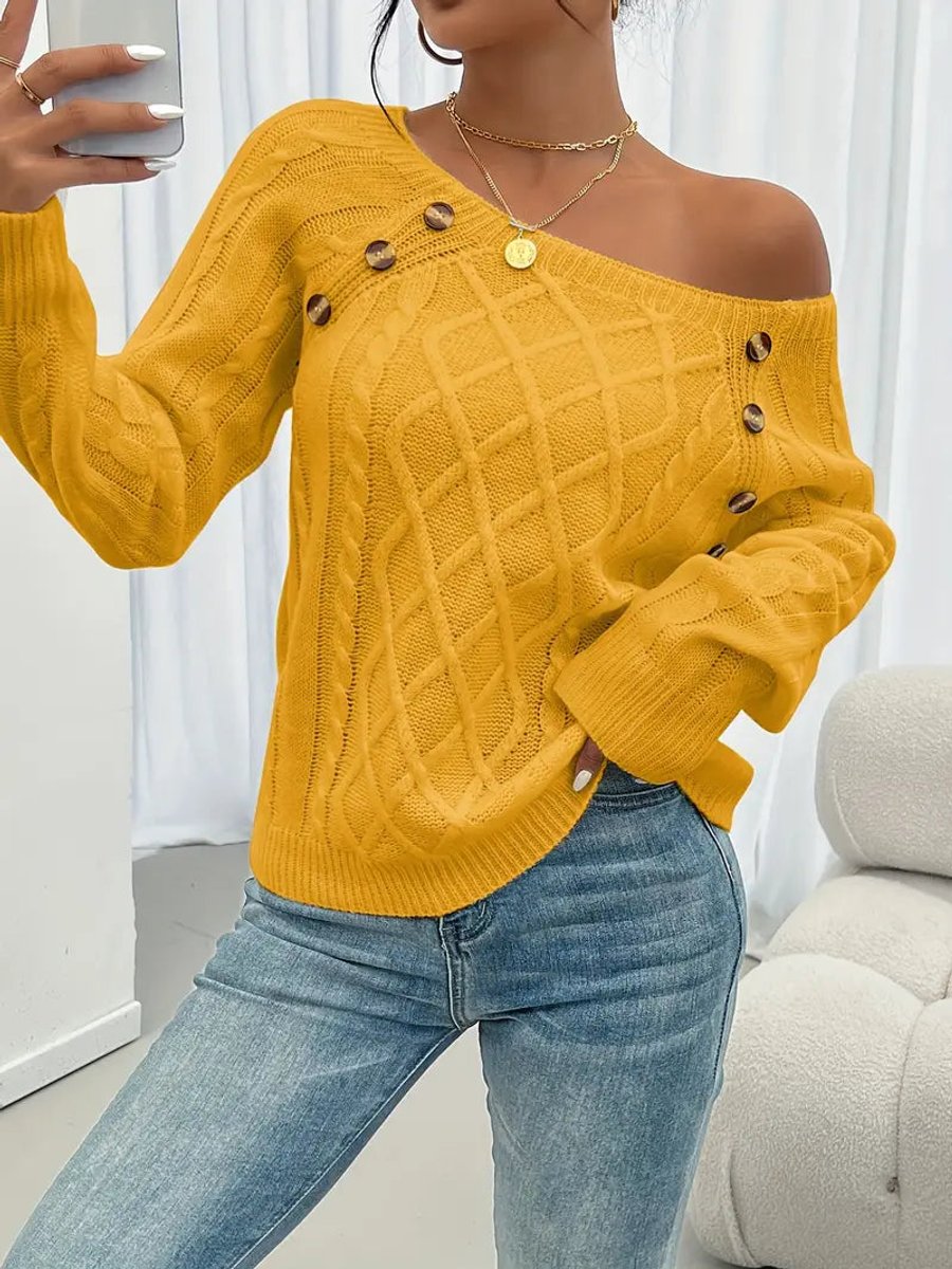 Women's Cable Knit Sweater Round Neck Button Detail Jumper - Variant Style 10 | Lavisa