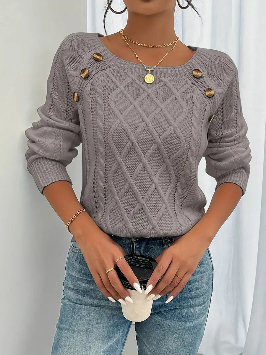 Women's Cable Knit Sweater Round Neck Button Detail Jumper - Variant Style 11 | Lavisa