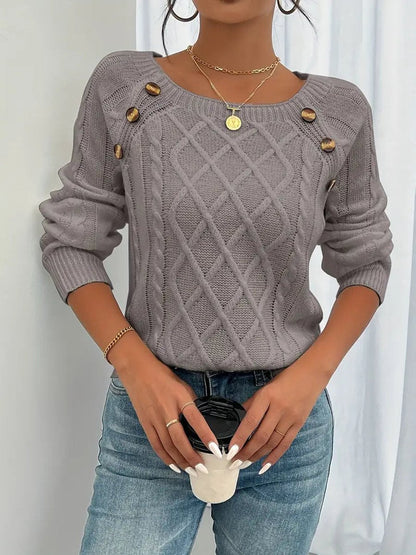Women's Cable Knit Sweater Round Neck Button Detail Jumper - Variant Style 11 | Lavisa