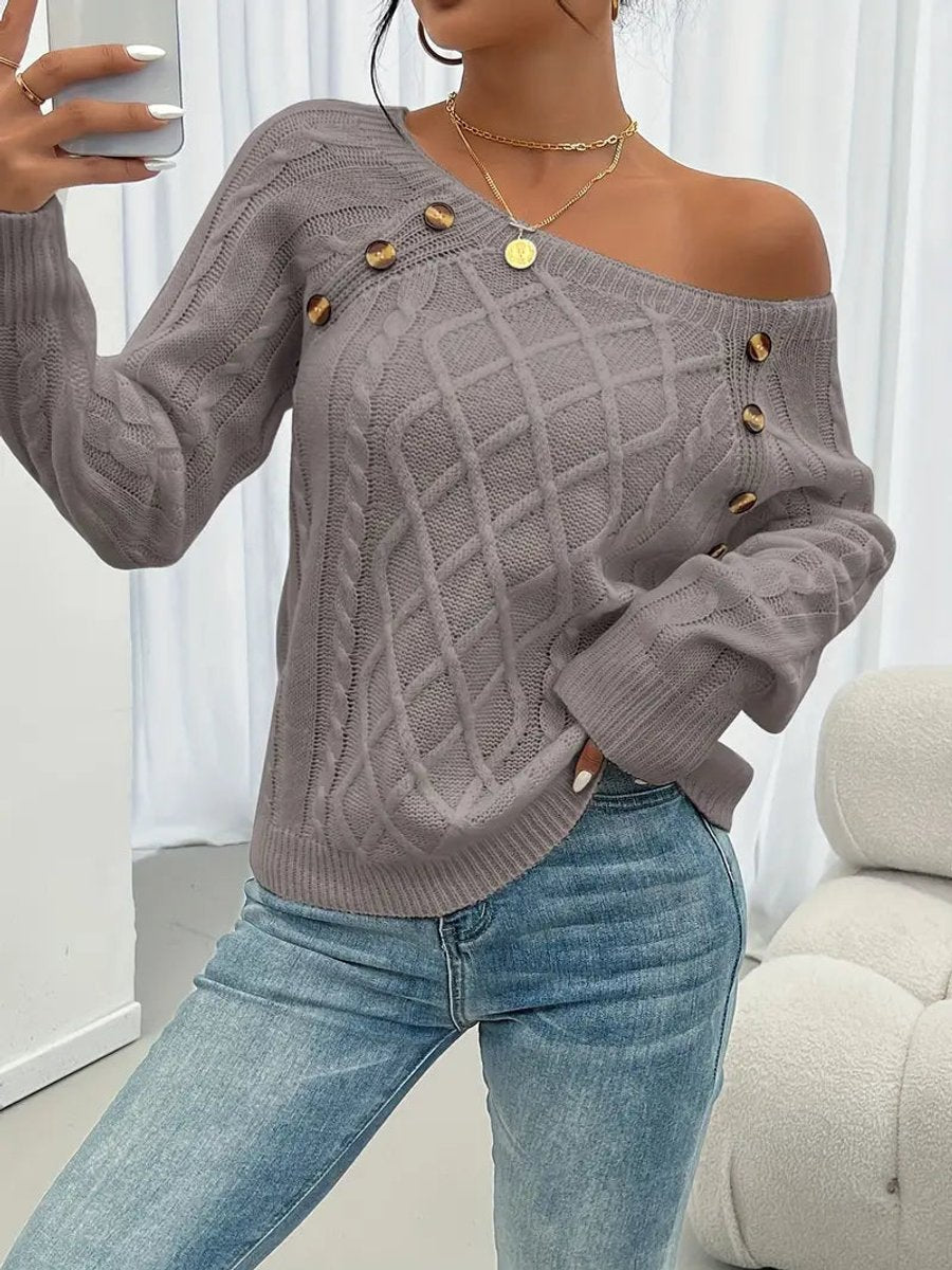 Women's Cable Knit Sweater Round Neck Button Detail Jumper - Variant Style 12 | Lavisa
